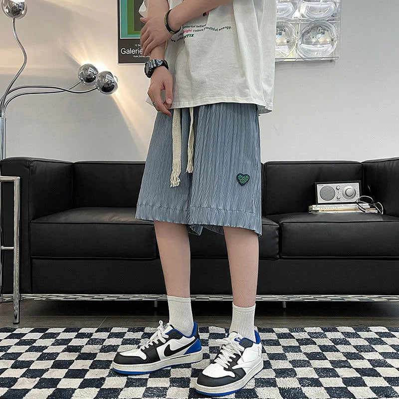 Threebooy Loose Beach Shorts Thin Summer Sports Straight Wide-leg Casual Pants Oversize Green Label Solid Pleated Five-point Pants Men