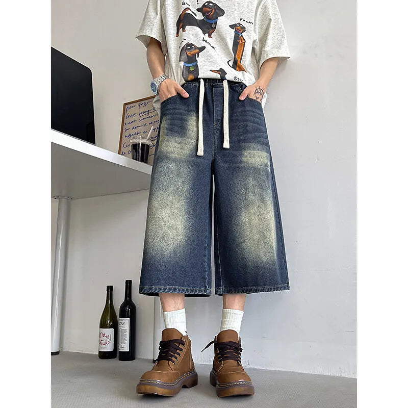 Threebooy  Loose Fit Cropped Jeans Elastic Drawstring Waist Stretch Denim Casual Wear Comfort Men Baggy Denin pants man  Fashion Trendy
