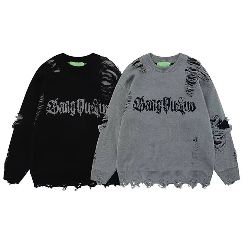 Threebooy New Hole Sweater Male Autumn Vintage High Street Gothic Dark Pullover Round-Neck Knit Design Irregular Letters Oversize Sweater