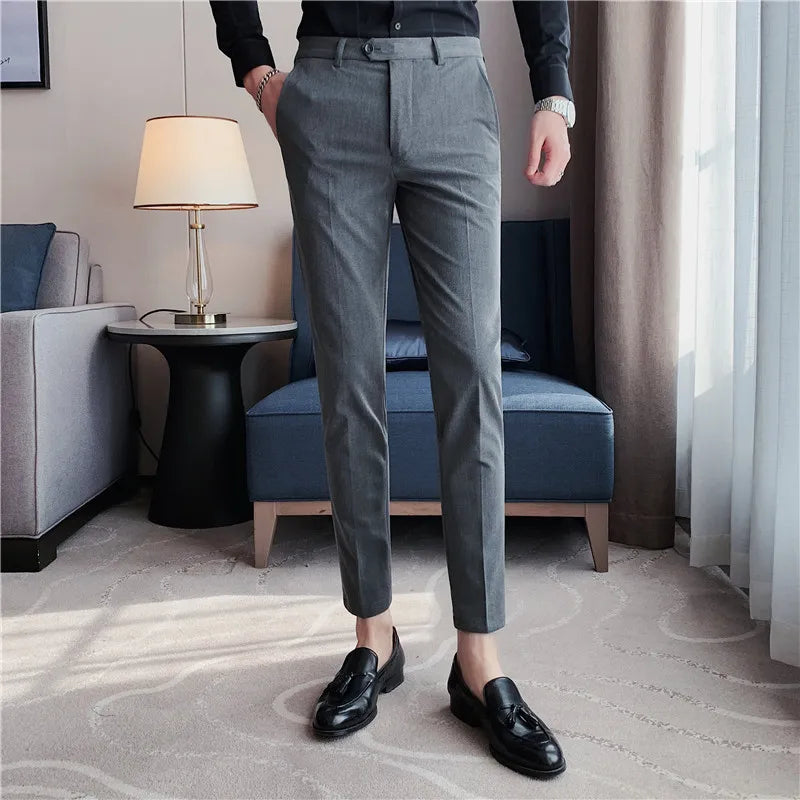 Threebooy  New Men Non-iron Fabric Dress Pants Slim Straight Black White Casual Suit Pants Male Business Little Feet Suit Trousers