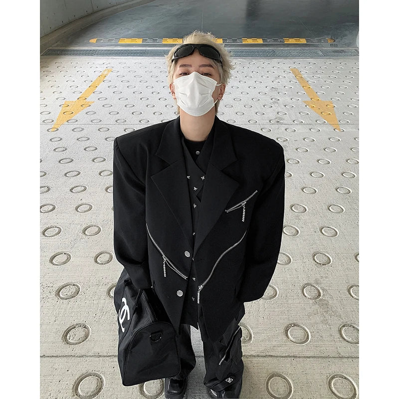 Threebooy Oversized Black Blazer Men High-end Fashion Leisure Suit Jackets Multi-zippers Male Streetwear Casual Korean All-match Suit