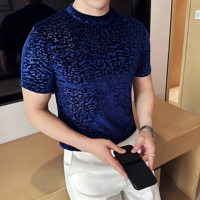 Threebooy  Men's Semi High Neck T-shirt Fashionable Gold Velvet Pleated Hot Stamping T-shirt Versatile Base Shirt Slim Fit Men's Clothing