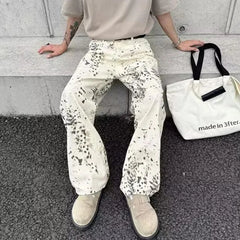 Threebooy Y2K Mens Pants Leopard Print Contrasting Casual Wide Leg Jeans Summer High Street Washed Straight Leg Pants Men's Clothing