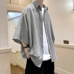 Threebooy HIP HOP Streetwear Casual Plaid Shirt Men'S Half Sleeve High Quality Loose Spring Summer Fashion Chemise Homme