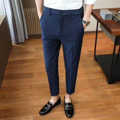 Threebooy Striped Navy Blue Pants Men Elegant Slim Fit Tight-ankle Suit Trousers Pants For Men Office Party Trousers Mens Dress Pants