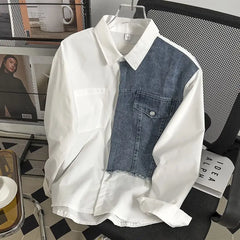 Threebooy Japanese High-end Denim Jacket Spliced Long-sleeved Shirt Men's Niche Design Sense High Street Couple Loose Casual White Shirt
