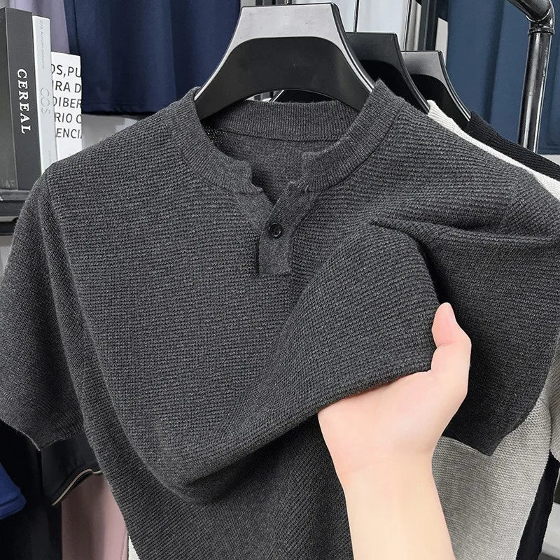 Threebooy  New Men Luxury Chinese O Collar T-Shirt Leisure Slim Button-down Solid Color Short Sleeve Tops Summer Breathable Basic Knitwear