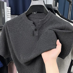 Threebooy  New Men Luxury Chinese O Collar T-Shirt Leisure Slim Button-down Solid Color Short Sleeve Tops Summer Breathable Basic Knitwear