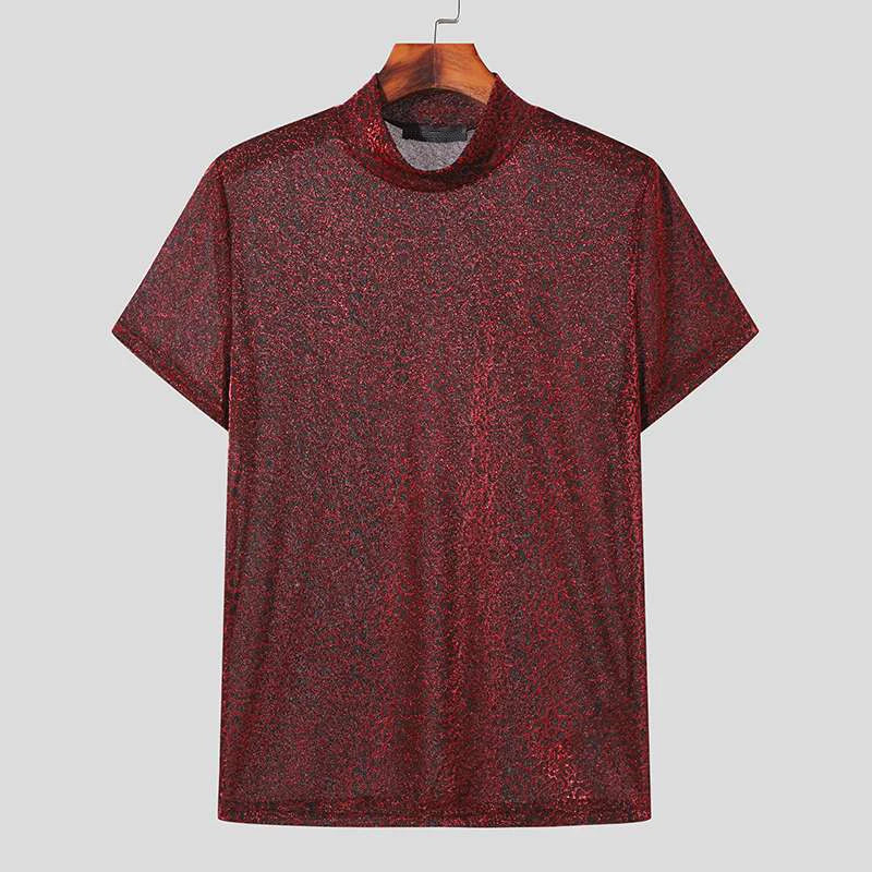 Threebooy  Summer New European and American Men's Sexy Perspective High Neck Design Sensual and Fun Short Sleeve T-shirt Top