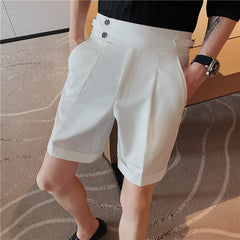 Threebooy  Korean Fashion Shorts Men Streetwear Pleated Shorts Knee Length Work Bottoms Summer Streetwear Cool Bermudas Male Slim Fit