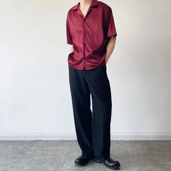 Threebooy Summer Men's Stylish Shirt Cuban collar Satin Silk Wine Red Dress Shirts Short Sleeve Tops Wedding Prom Party Holiday Blouse Man