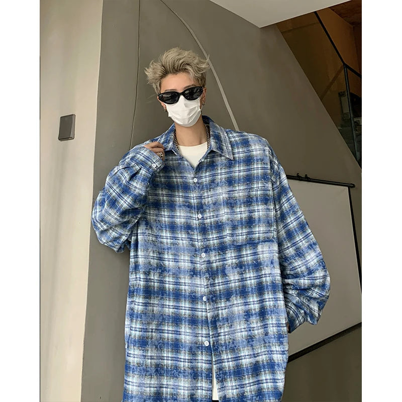 Threebooy Men Shirt Plaid Tie-dye Long Sleeve Mens Casual Loose Shirt Autumn High Quality Oversized Male Checked Shirt Red/Blue/Gray