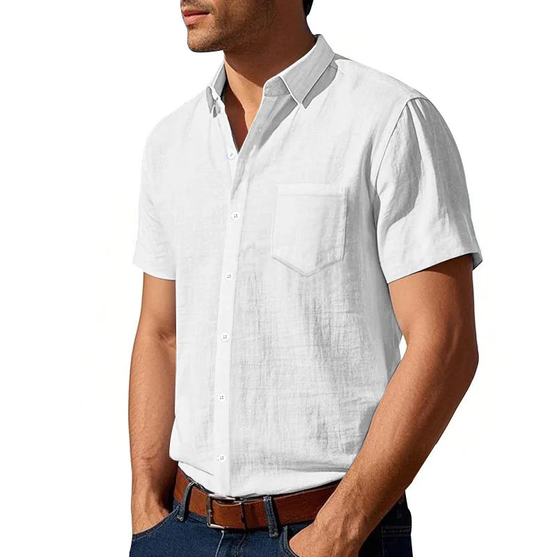 Threebooy Summer Solid Cotton Linen Lapel Short Sleeved Shirt For Men Casual Pocket American Style Shirts And Blouses