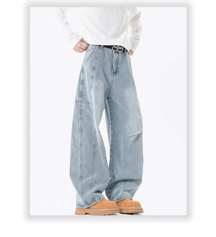 Threebooy Hip hop personality trend men and women straight leg washed jeans American couple loose retro curved knife casual pants y2k