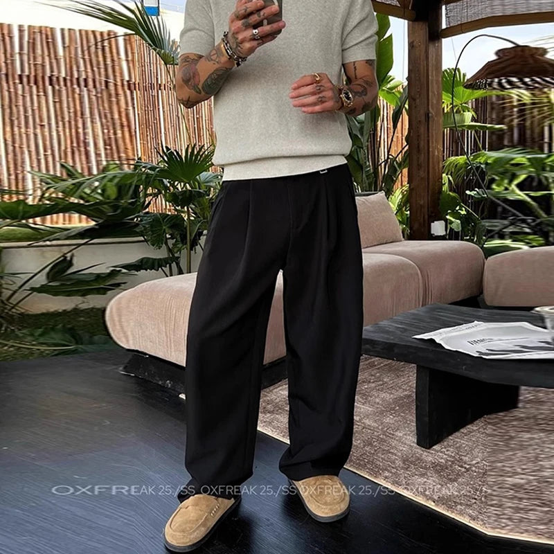 Threebooy  New Retro Fashion Men Suit Pants Light Luxury Draped Baggy Belt Button-down Solid Color Straight Trousers Elegant Dress Pants