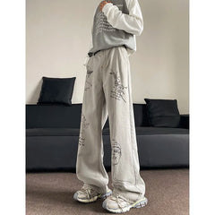 Threebooy  Men Loose Fit Straight Leg Printed Jeans Casual Comfort Denim Pants Streetwear Trendy Fashion Hip Hop Baggy Denim Trousers