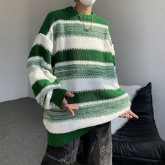 Threebooy High Street Men Striped Pullover Knitwear Korean Fashion Baggy Color Clashing Sweater Couple Clothing Crew Neck Knitted Jumper