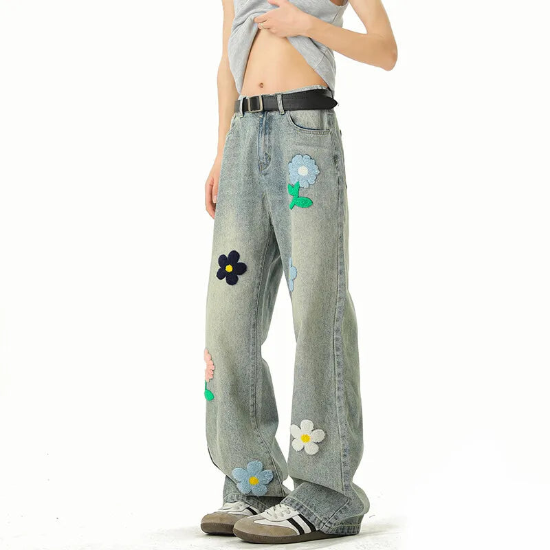 Threebooy Blue Jeans Men Fashion Casual Straight Jeans Streetwear Hip-hop Loose Flower Jeans Mens Vintage Denim Pants Man Trousers