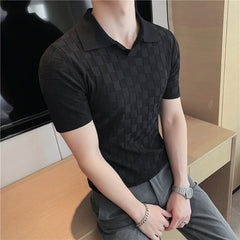 Threebooy Men High Quality Knitting POLO Shirts/Male Slim Fit Leisure V-Neck Short Sleeves Polo Shirts Men's elastic POLO Shirts 4XL