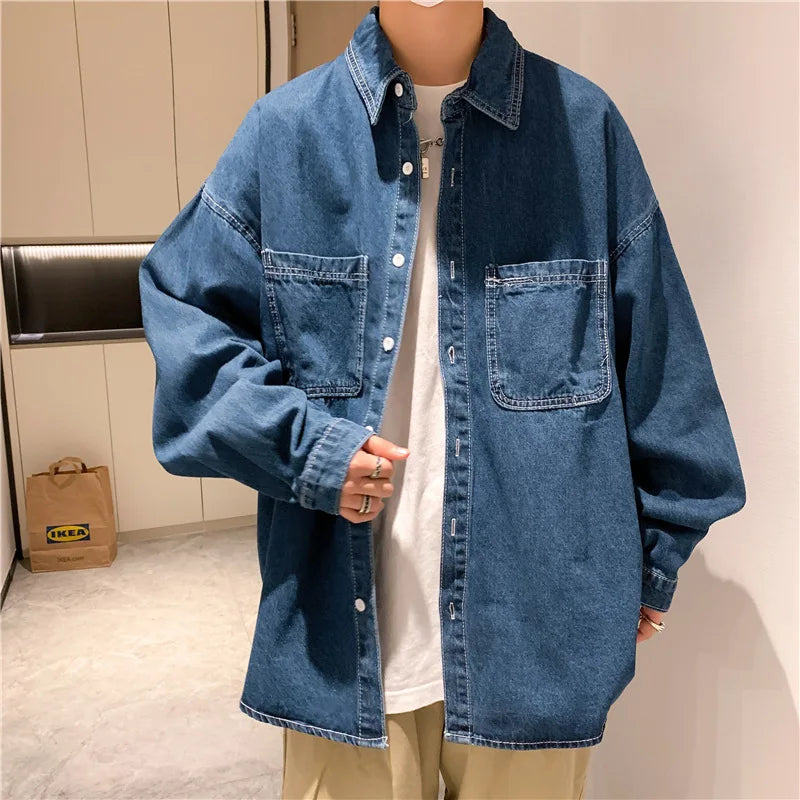 Threebooy  Denim Long-sleeved Shirt Men's Solid Color Autumn Korean Style Trendy Simple Shirt Hong Kong Style Loose and Handsome Ins Jacket