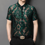 Threebooy New Fashion Floral Embroidery Transparent Shirt Man See Through Sexy Casual  Shirts Men Social Party Lace Sheer Blouse Hollowout