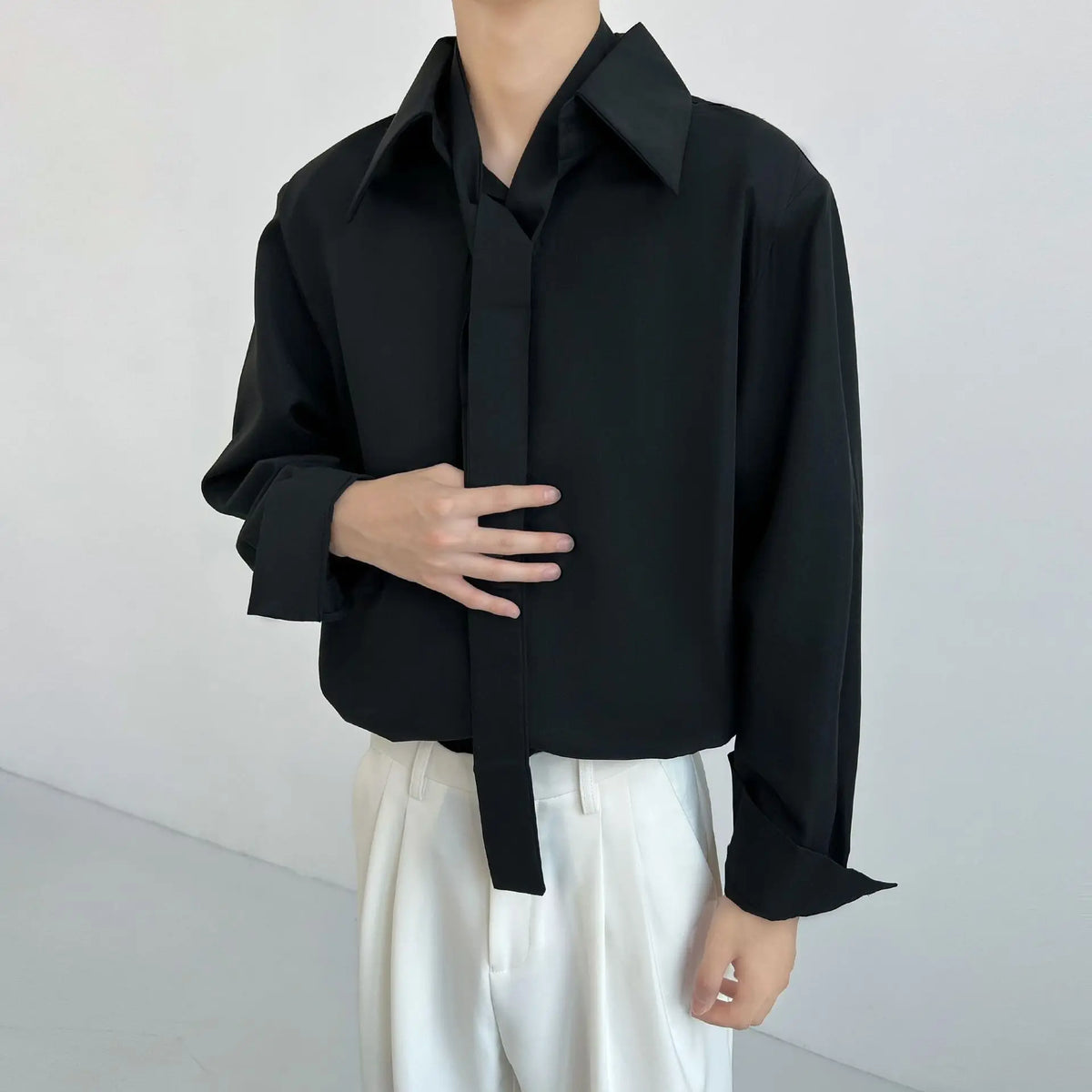 Threebooy  Tie Design Shirt Men Drape Sense Unique Large Point Collar Loose Fashion French Long Sleeve