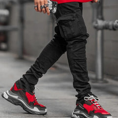Threebooy Street Elastic Jeans Men Denim Cargo Pants Wash Solid Color Multi Pockets Casual Mid Waist Trousers Slim Fit Daily Wear Joggers