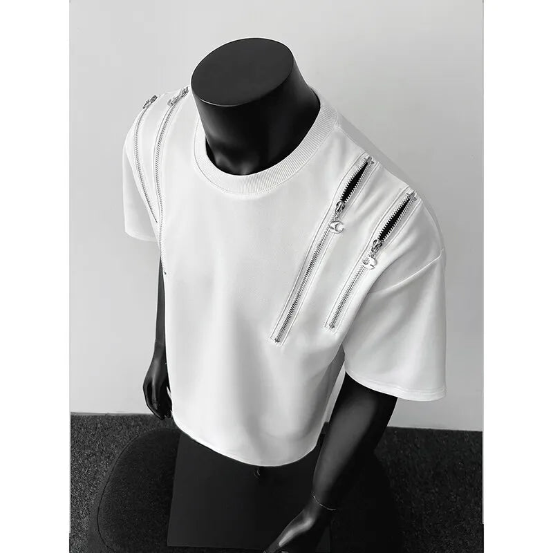 Threebooy  T shirt men O Neck Zip Detail StreetweaR T-Shirt Trendy Urban Hip Hop Style Casual Tee Top Fashion Graphic Crewneck Slim Fit