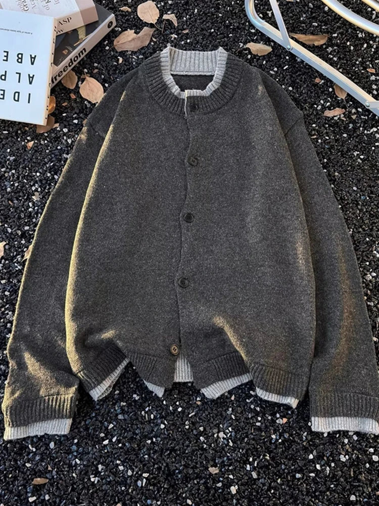 Threebooy  Spring Fake Two-piece Button-up Knitted Sweaters For Men American Casual Crewneck Cardigans Y2K Streetwear Knitwear Jackets