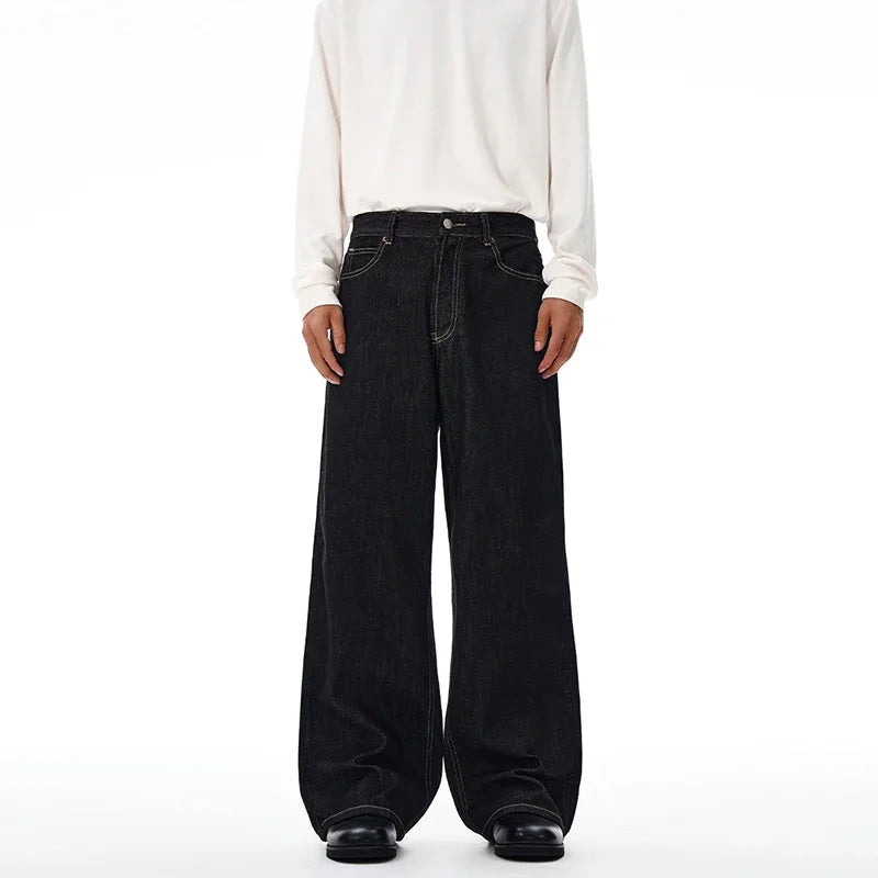 Threebooy Non-fading Original Color Jeans Men's High Quality Loose Straight Denim Pants Classic American Retro Wide Leg Autumn Trousers