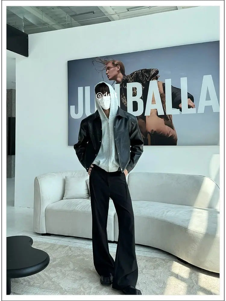 Threebooy American Street High-end Coat Trendy Leather Jacket Korean Elegant 2025 Spring Men's New PU Lapel Slim Loose Jacket Aesthetic
