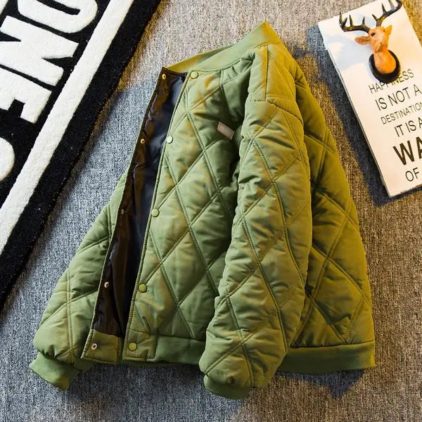 Threebooy Men's Parkas Rhombus Padded Cotton Winter Thickened Retro Casual Baseball Uniforms Warm Coat Stand Collar Single-breasted Coats