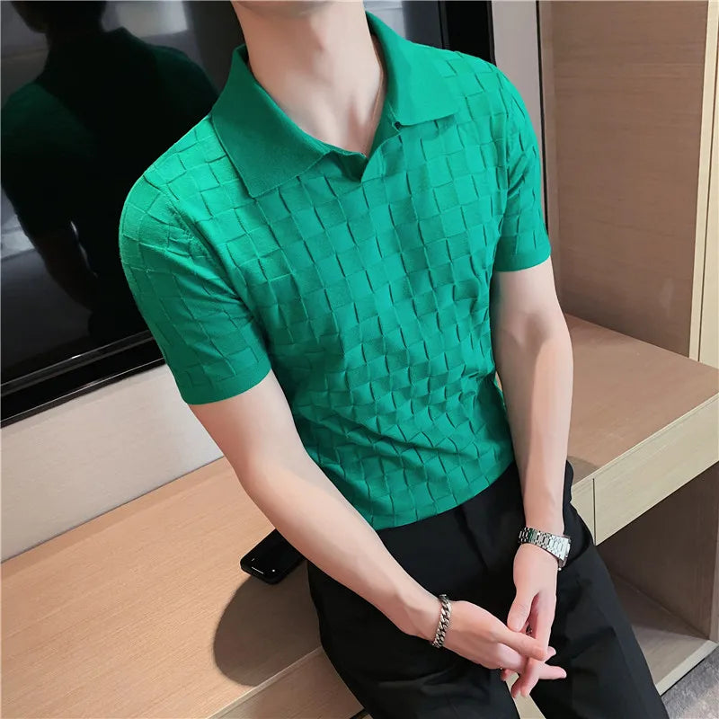 Threebooy Vintage Polo Shirt Man Stripe Print Patchwork Knitting Casual Lapel Pullover Summer Men Short Sleeve Slim Polo Shirt S-4XL