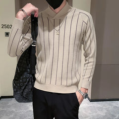 Threebooy Korean Style Men Winter High Quality Knitted Sweaters/Male Slim Fit Fashion Striped Casual Knit Sweater Men V-neck Pullover 3XL