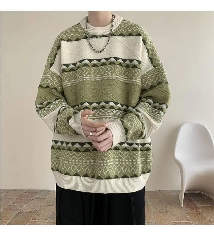 Threebooy Autumn and Winter Round Neck Sweater for Men Casual Trendy Brand Streamer Lazy Style Contrast Striped Knitted Sweater