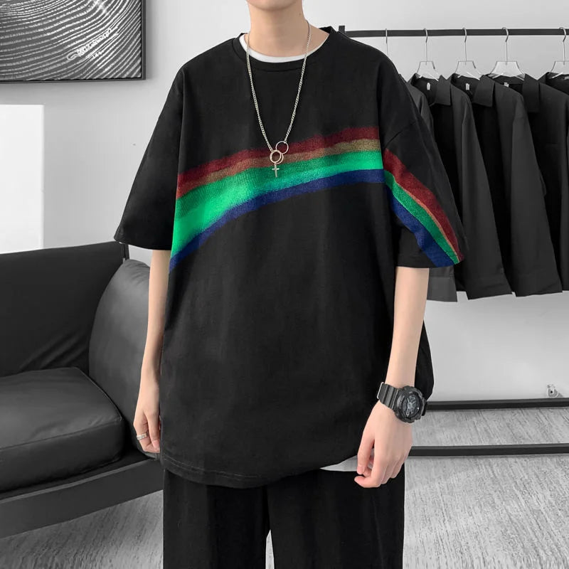 Threebooy Summer Men's Rainbow Printing T Shirts Short Sleeve Round Neck T-shirt Cotton Black/white Color Tshirts Big Size M-5XL