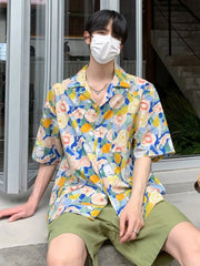 Threebooy Summer Shirts Men Painting Ins Chic Advanced Breathable Casual Short Sleeve High Street Korean Beach Style Loose Cozy Vocation