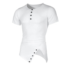 Threebooy  Men's Summer Fashion Irregular T-Shirt Short Sleeve Solid Hip Hop Pull On Tshirt Male Streetwear Henry Collar Casual Tops Tees