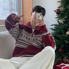 Threebooy  Winter Fair Isle Half Zip Polo Neck Sweaters For Men Y2K Vintage Christmas Knitted Pullovers New Red Knitwear Man jersey