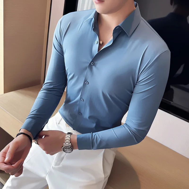 Threebooy  Men Spring High Quality Business Dress Shirts/Male Slim Fit High Elastic Force Long Sleeve Shirts Size S-4XL