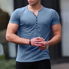 Threebooy  Summer New European and American Men's Henley Shirt Solid Color Button Short Sleeve T-shirt