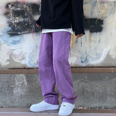 Threebooy  New Men's Streetwear Purple Green Jeans Fashion Baggy Straight Wide Pants Personality Y2k Hip Hop Male Denim Trousers