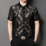 Threebooy New Fashion Floral Embroidery Transparent Shirt Man See Through Sexy Casual  Shirts Men Social Party Lace Sheer Blouse Hollowout