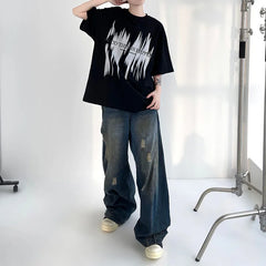 Threebooy Korean Retro Men'S Ripped Jeans Loose Straight Leg Pants Fashionable Design Jeans Casual Wide Leg Pants
