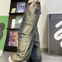 Threebooy Street men and women trendy and personalized hip-hop straight leg washed gradient jeans for couples loose casual Harajuku pants