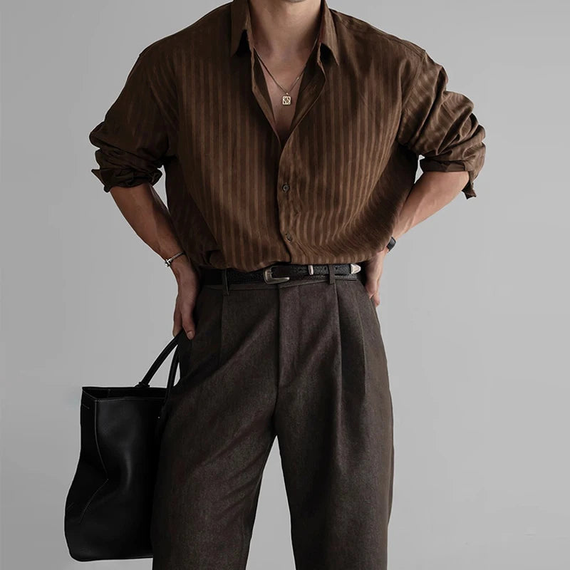 Threebooy  New Korean Fashion Men Shirts Light Luxury Textured Business Striped Long Sleeve Cardigan Tops Leisure High Quality Blouse M-2XL
