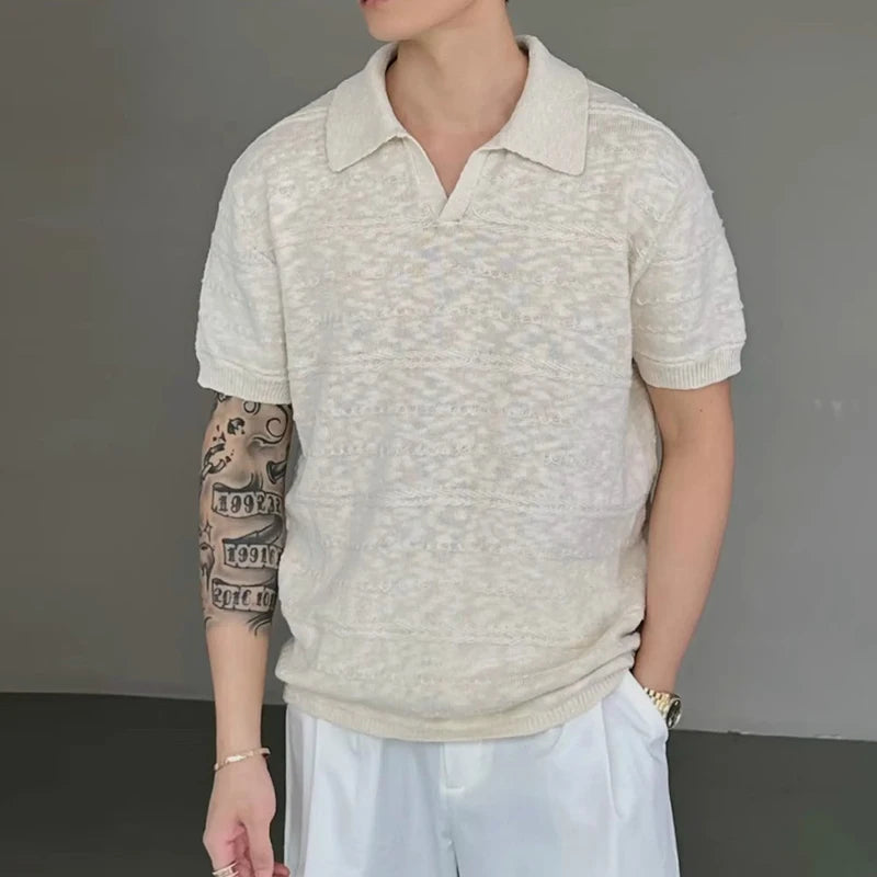 Threebooy  New Trend Men Seagull Collar Polo Shirt Light Luxury Textured Slim T-shirts Leisure Short Sleeve Solid Color Breathable Knitwear