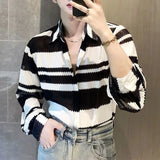Threebooy Mens Casual Splicing Striped Long-Sleeved Shirt Genderless 2024 New Fashion Individuality Retro Thin Hollow Loose Top Unisex
