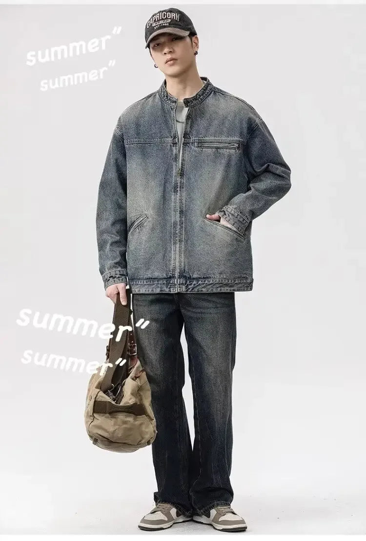 Threebooy Vintage Denim Jacket Men's Loose-Fit High-End Feel American Style Distressed Washing For Autumn Trendy Workwear