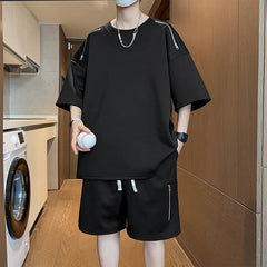 Threebooy Oversized Tracksuit Men New Korean High Street Fashion Zipper Design T-shirt Shorts Two Pieces Sets Mens Streetwear Men Clothes